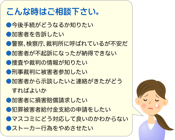 こんな時はご相談下さい。●今後手続がどうなるか知りたい●加害者を告訴したい●警察、検察庁、裁判所に呼ばれているが不安だ●加害者が不起訴になったが納得できない●捜査や裁判の情報が知りたい●刑事裁判に被害者参加したい●加害者から示談したいと連絡がきたがどうすればよいか●加害者に損害賠償請求したい●犯罪被害者給付金支給の申請をしたい●マスコミにどう対応して良いのかわからない●ストーカー行為をやめさせたい